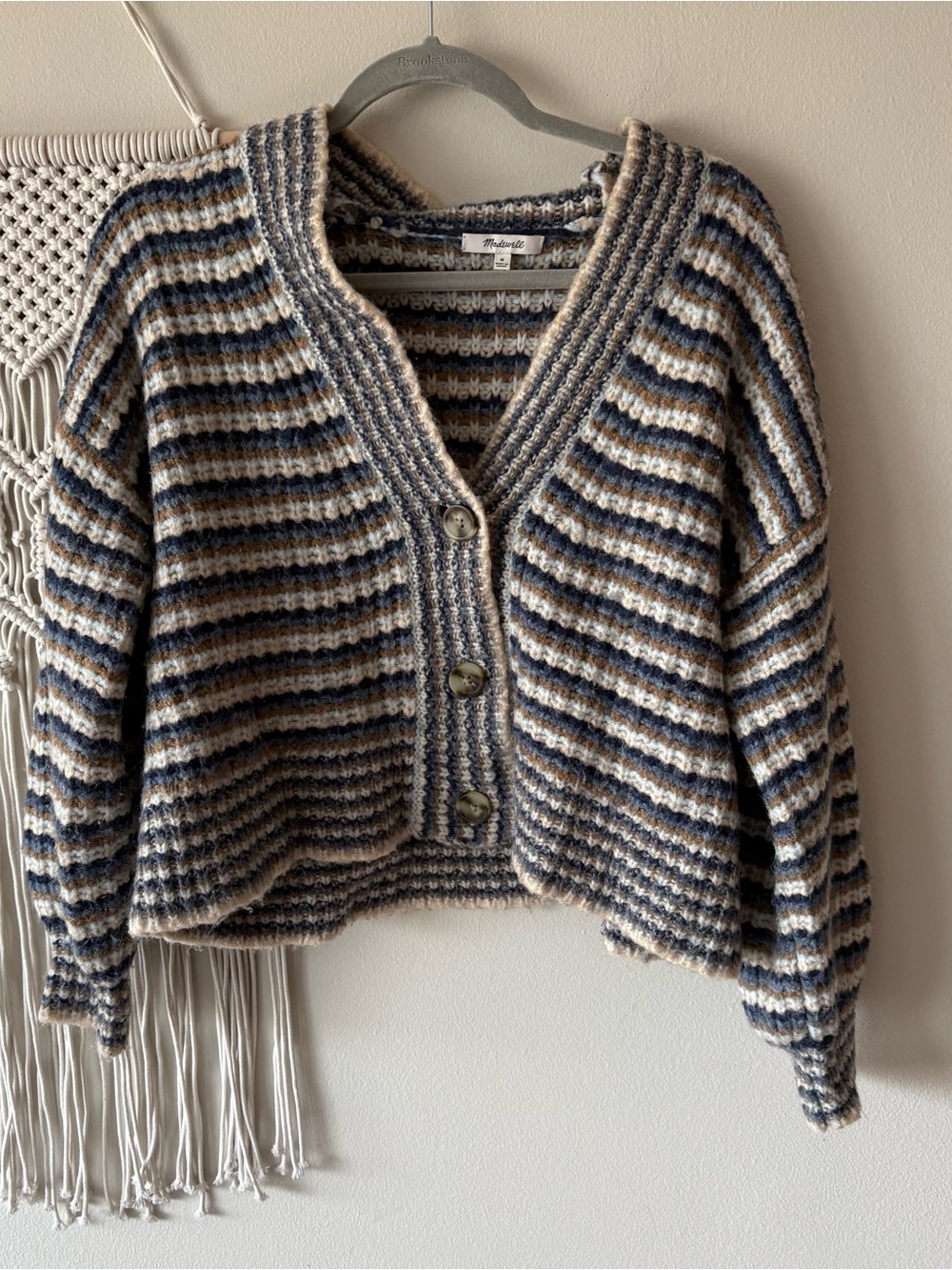 Madewell Striped V-Neck Button Cardigan in Blue and Cream